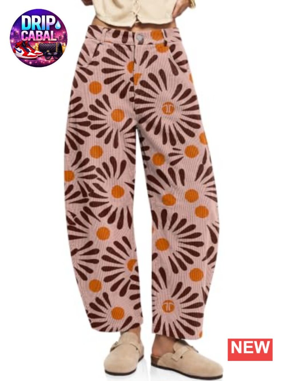 TARSE Barrel Corduroy Pants High Rise Tapered Leg Floral Print Baggy Trousers